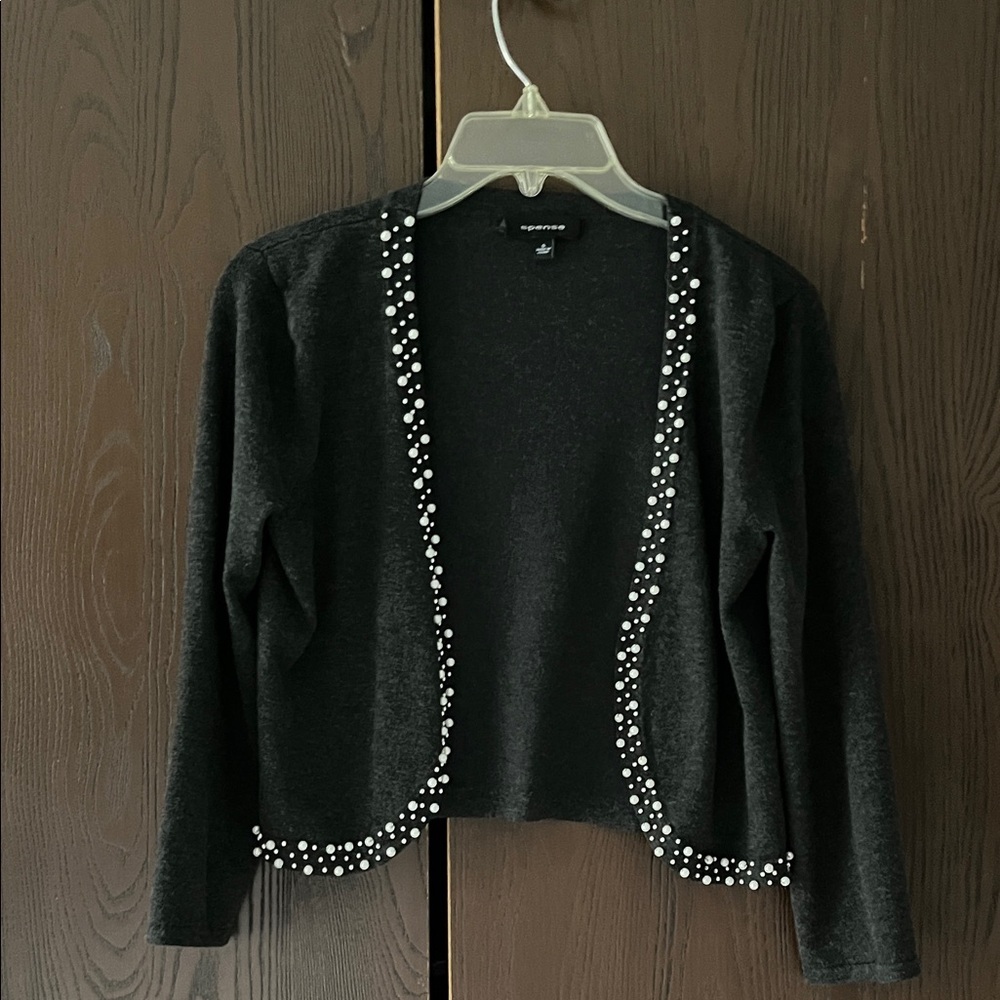 Spense black bolero sweater with pearled trim. Size Small